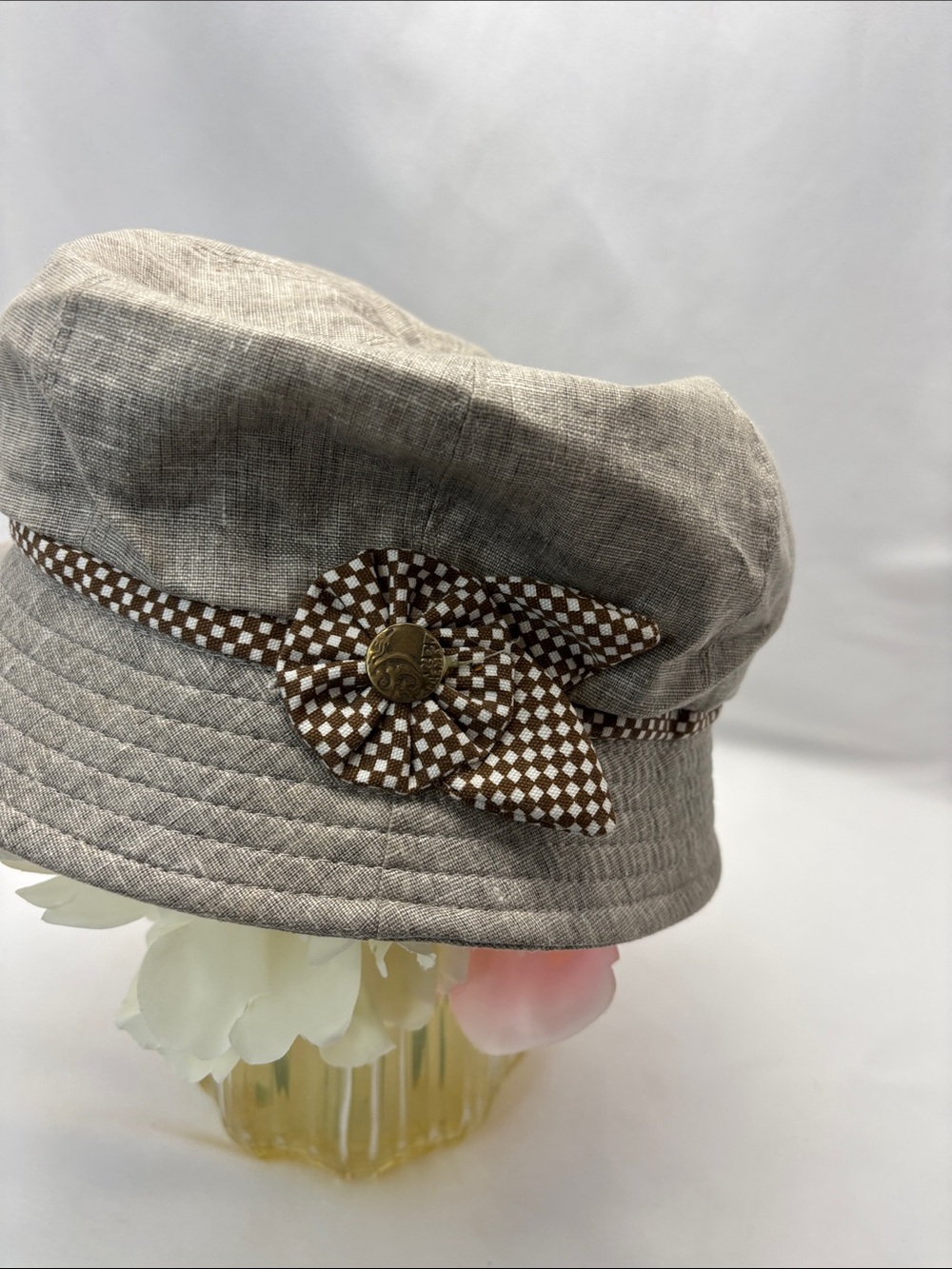 Neutral Linen-Look Bucket Hat with Brown Check Flower Accent#514 - Picture 6 of 10